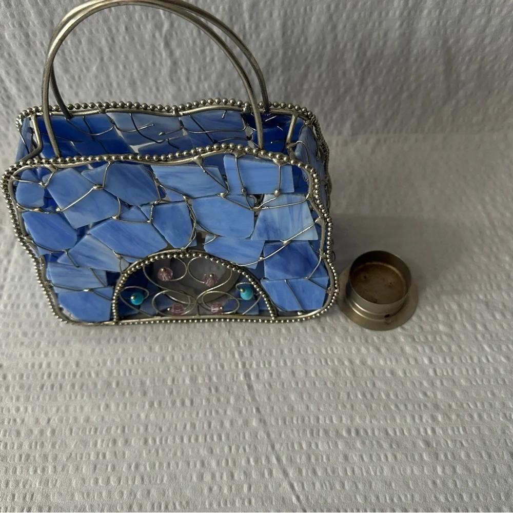 Vintage Blue Stained Glass Handbag Tea Light Holder Mosaic Purse Art Decor Boho